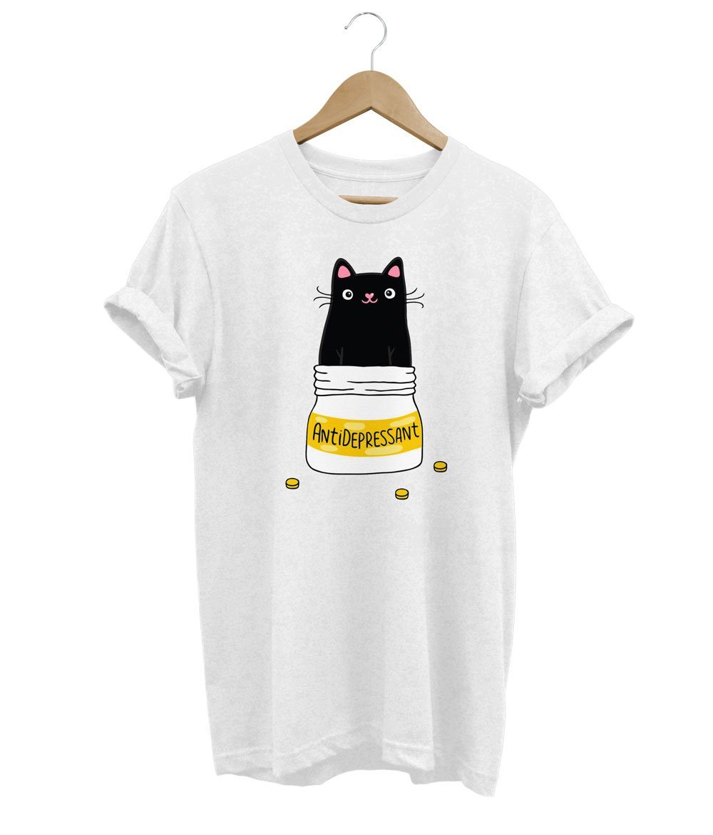 Antidepressant Cat T-Shirt LulaMeow White S 