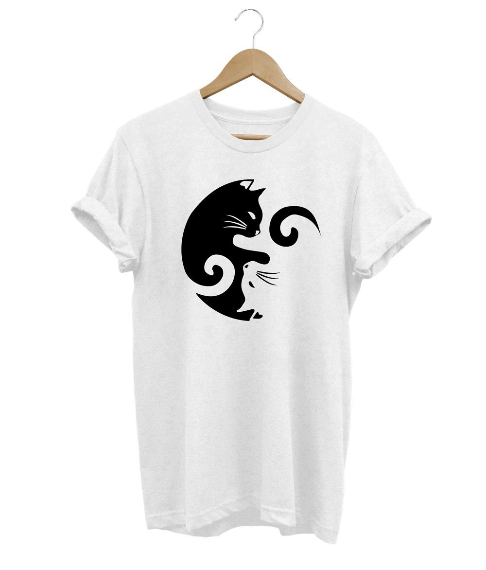 Yin and Yang Cat T-Shirt LulaMeow White S 